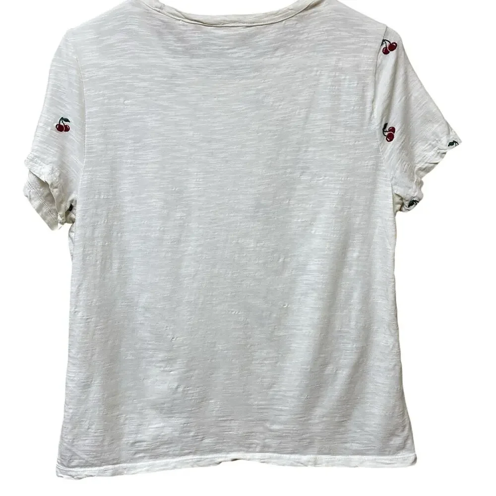 Lucky Brand Cream Cherry Embroidered T-Shirt Women's Size M EUC Cottagecore - Picture 3 of 3
